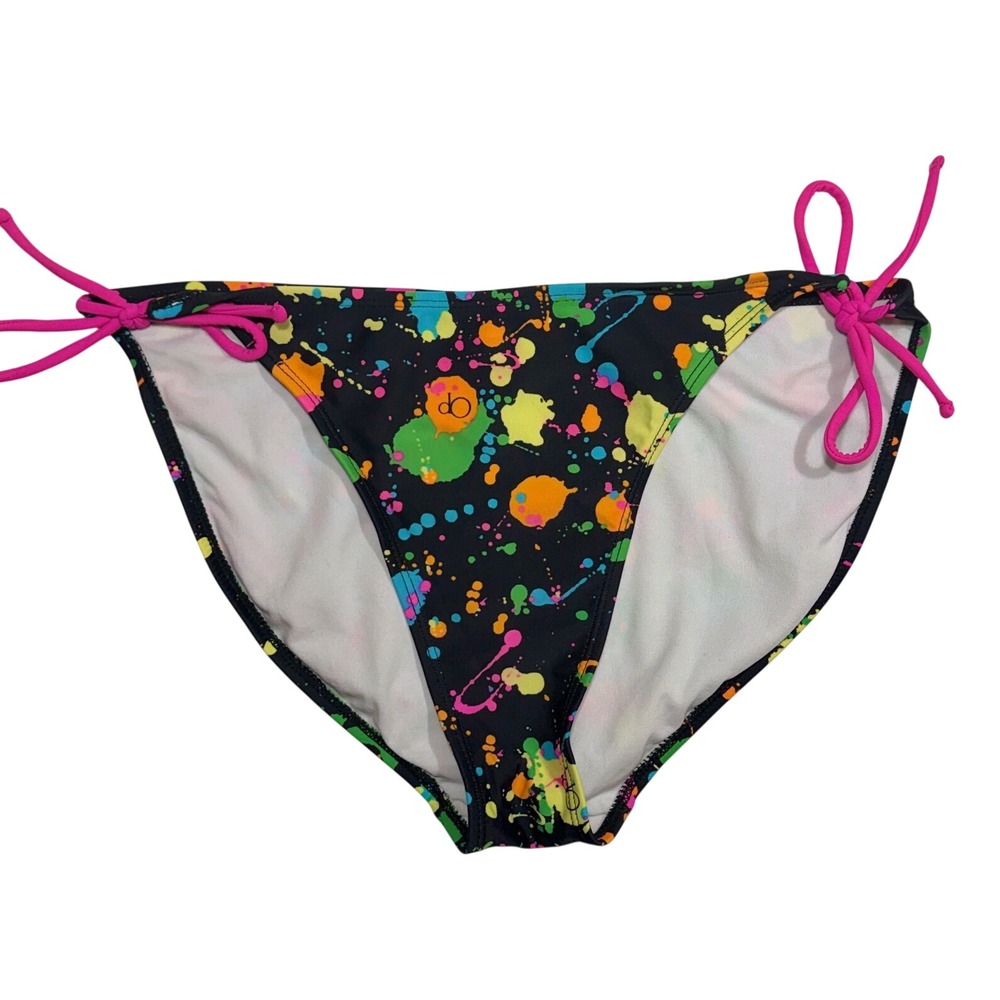 OP Paint Splatter Bikini Bottom Women Large Black Neon Side Tie Swimwear